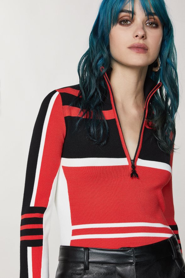 strój Patrizia Pepe motocyklista czarno-czerwony rac. kobiety wiskozowy sweter typu biker 866488147