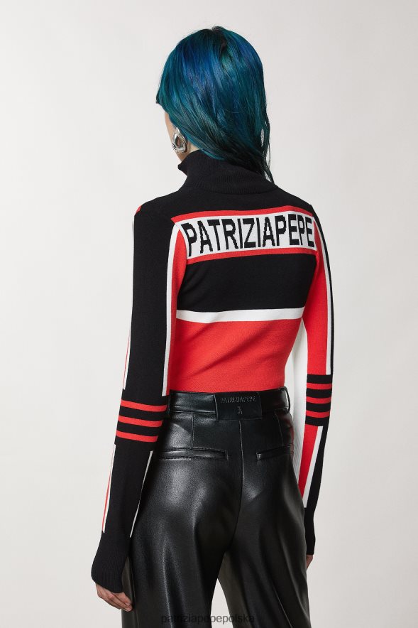 strój Patrizia Pepe motocyklista czarno-czerwony rac. kobiety wiskozowy sweter typu biker 866488147