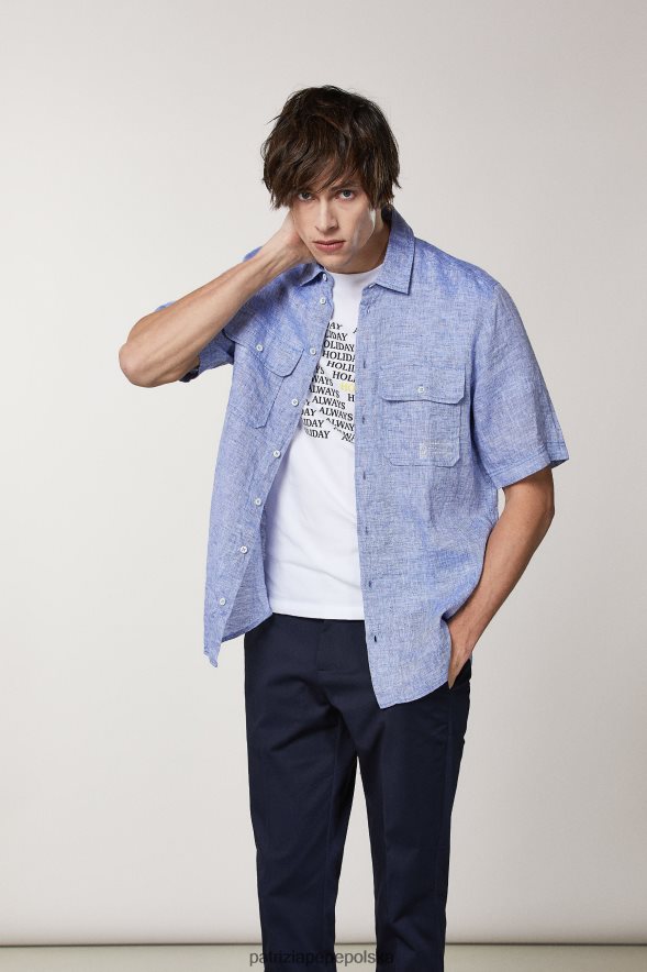 strój Patrizia Pepe niebieskie fiammato mężczyźni lniana koszula z krótkim rękawem 8664881026