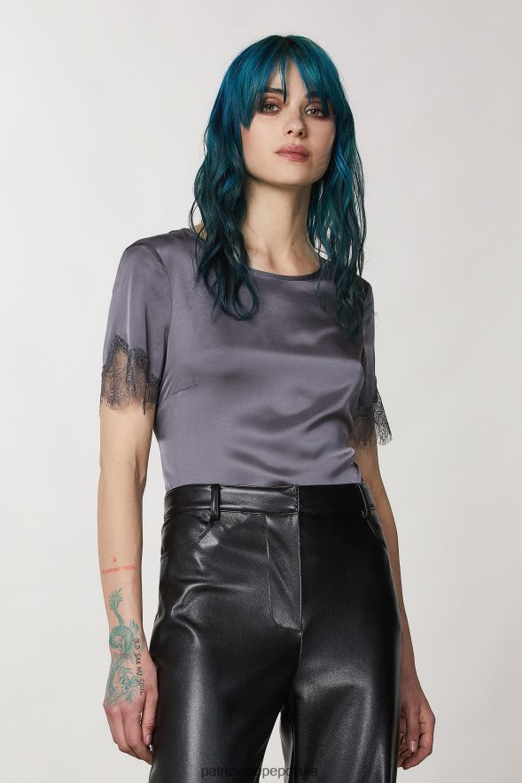 strój Patrizia Pepe szary tornado kobiety koszulka z koronką 866488136