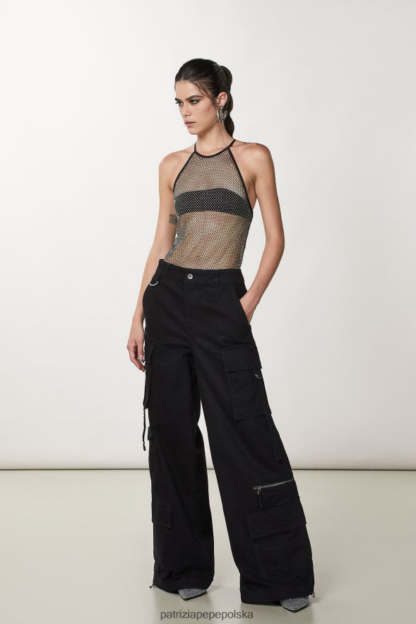 strój Patrizia Pepe Nero kobiety Top z siateczki z kryształkami i okrągłym dekoltem 866488440