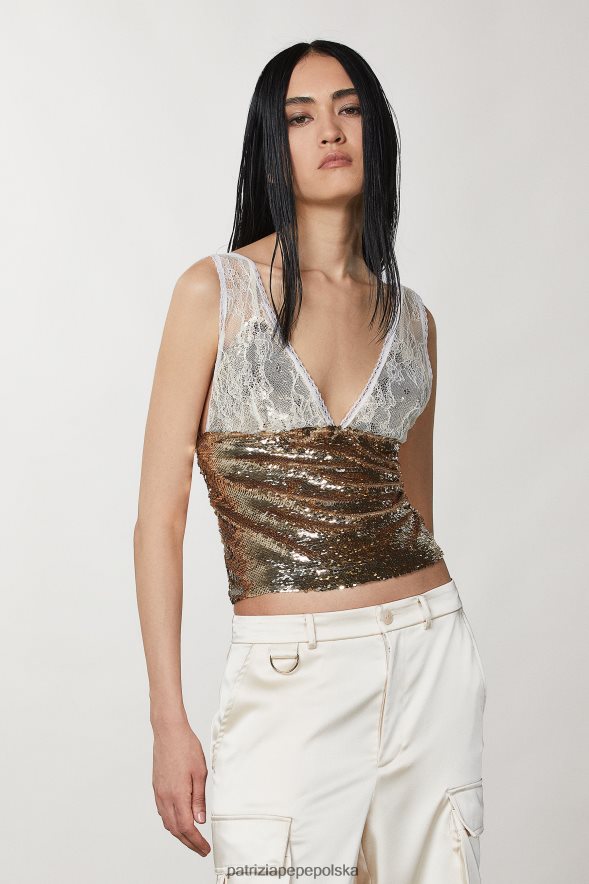 strój Patrizia Pepe beżowe martini/złote kobiety Top z tiulu i koronki 866488272
