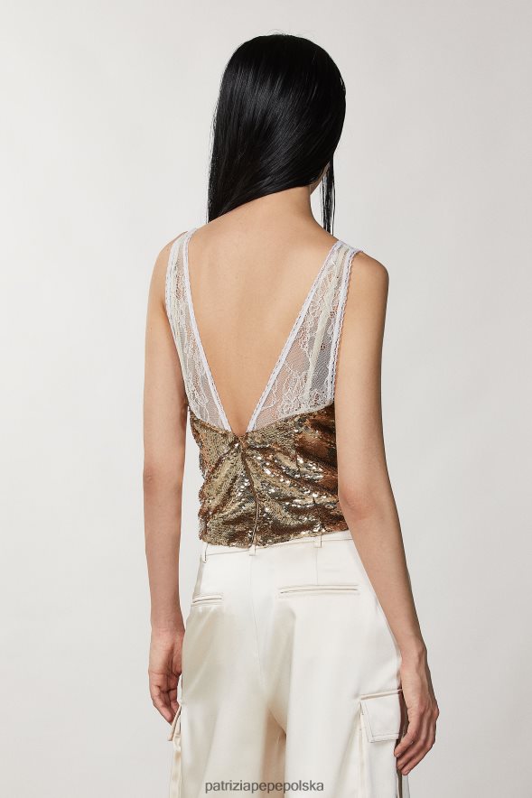 strój Patrizia Pepe beżowe martini/złote kobiety Top z tiulu i koronki 866488272