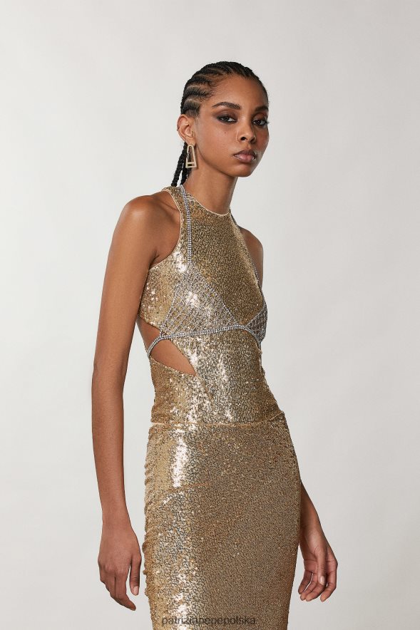 strój Patrizia Pepe matowe i błyszczące złoto kobiety Body z cekinowymi wycięciami 866488366