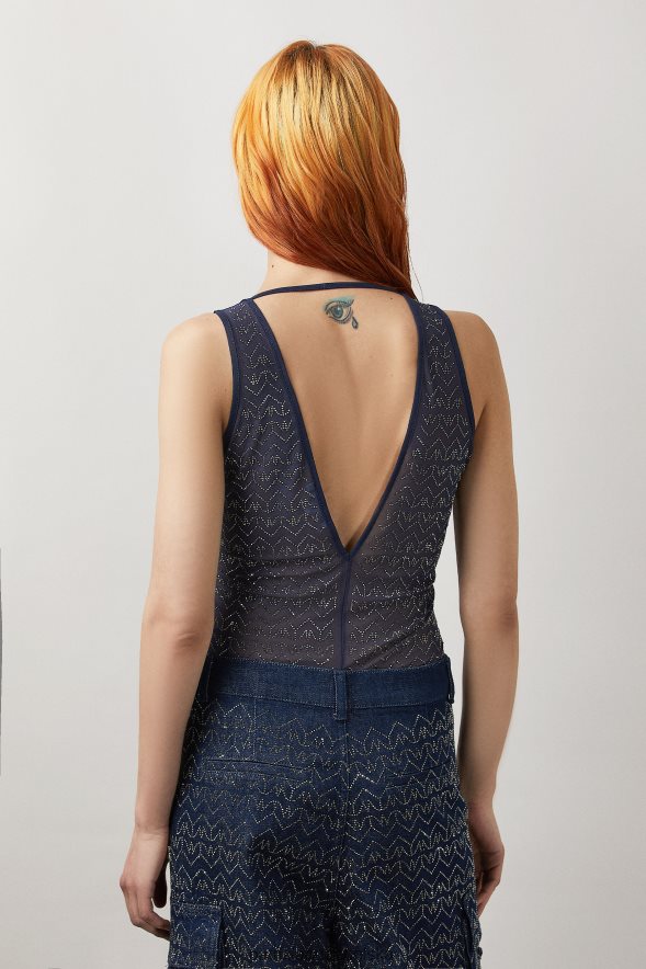 strój Patrizia Pepe monogram niebieski i stras kobiety Tiulowy top z dekoltem w kształcie litery V 866488388