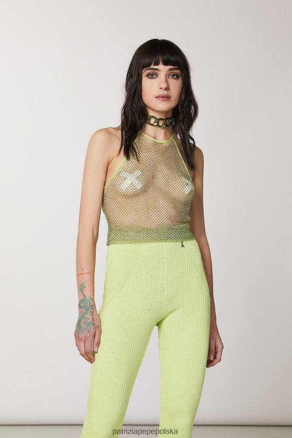 strój Patrizia Pepe słoneczna limonka kobiety Top z siateczki z kryształkami i okrągłym dekoltem 866488416