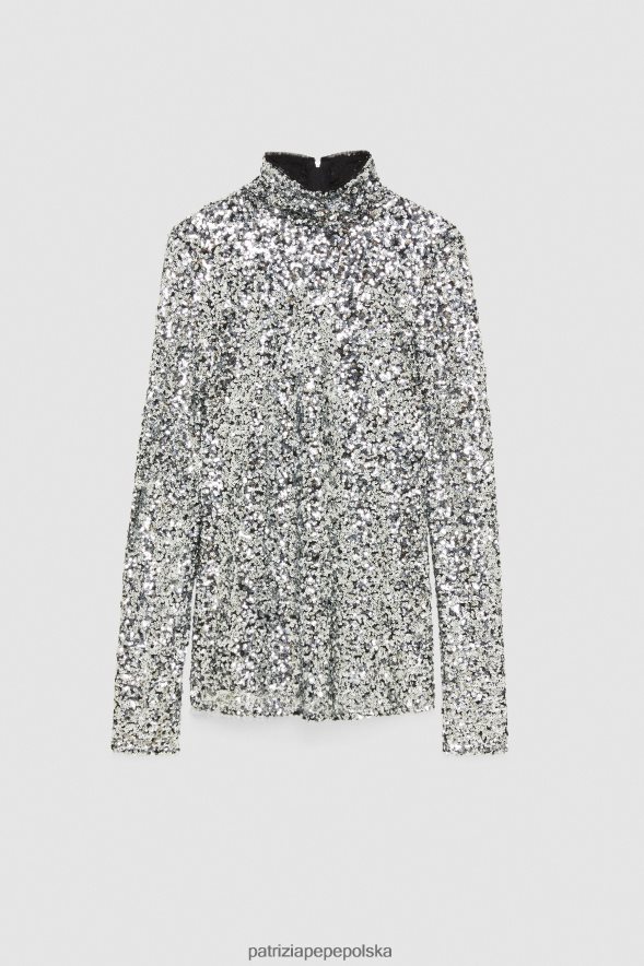 strój Patrizia Pepe srebrne cekiny kobiety koszulka z wysokim dekoltem i cekinami 866488153