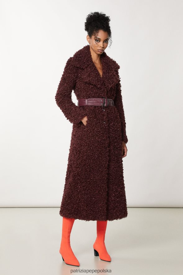 strój Patrizia Pepe organiczny fiolet kobiety długi puszysty płaszcz z paskiem 866488703