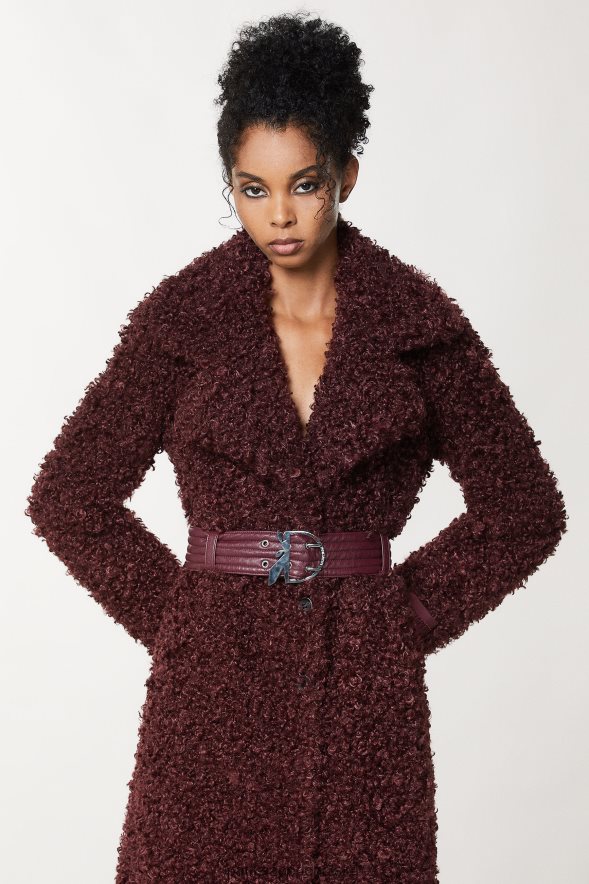 strój Patrizia Pepe organiczny fiolet kobiety długi puszysty płaszcz z paskiem 866488703