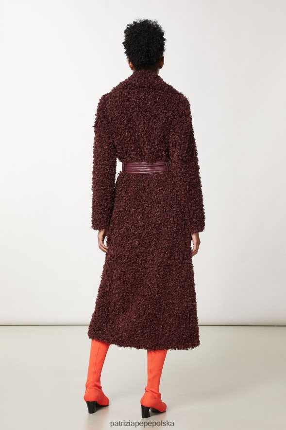 strój Patrizia Pepe organiczny fiolet kobiety długi puszysty płaszcz z paskiem 866488703