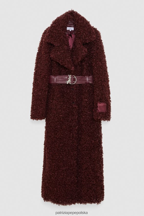 strój Patrizia Pepe organiczny fiolet kobiety długi puszysty płaszcz z paskiem 866488703