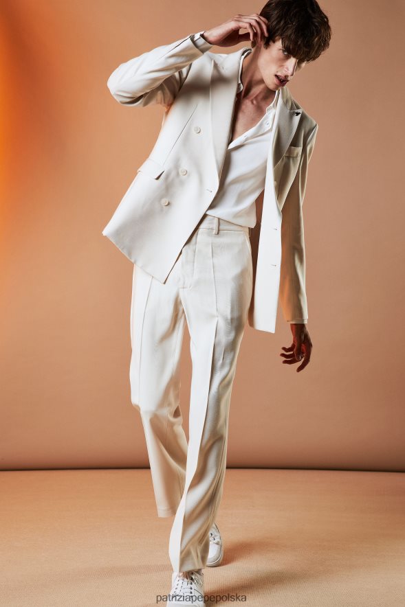 strój Patrizia Pepe maślana biel mężczyźni dwurzędowa marynarka o diagonalnym splocie 8664881016