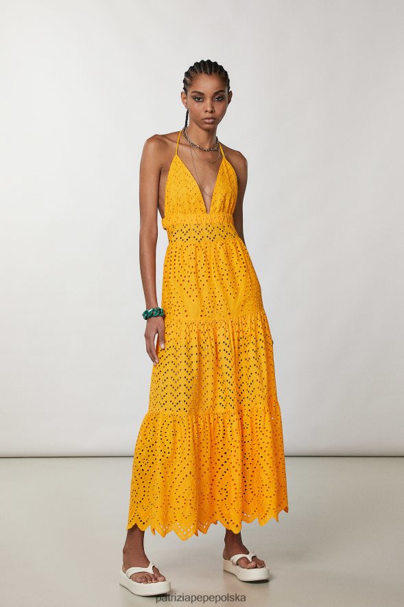 strój Patrizia Pepe soczysta pomarańcza kobiety długa suknia z haftowanej angielskiej koronki 866488218