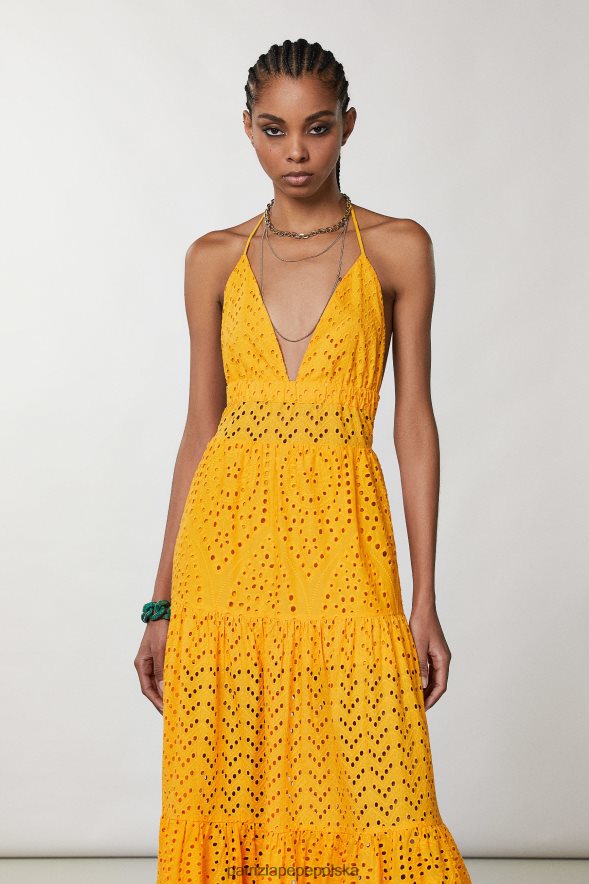 strój Patrizia Pepe soczysta pomarańcza kobiety długa suknia z haftowanej angielskiej koronki 866488218