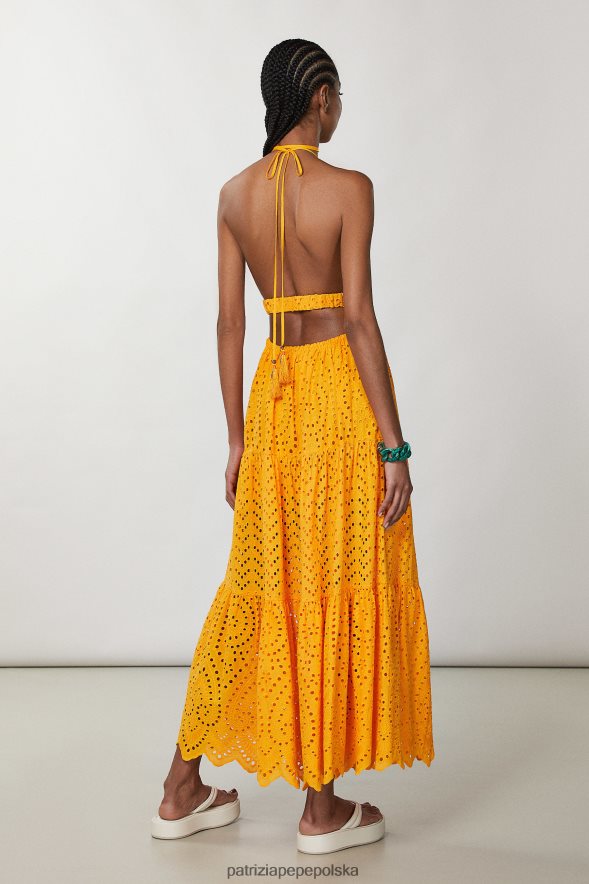 strój Patrizia Pepe soczysta pomarańcza kobiety długa suknia z haftowanej angielskiej koronki 866488218