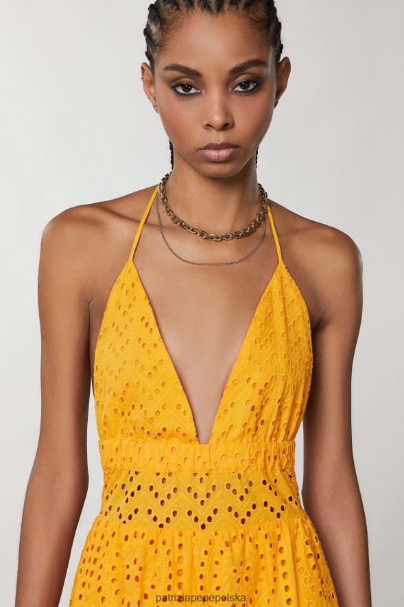 strój Patrizia Pepe soczysta pomarańcza kobiety długa suknia z haftowanej angielskiej koronki 866488218