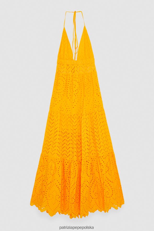 strój Patrizia Pepe soczysta pomarańcza kobiety długa suknia z haftowanej angielskiej koronki 866488218