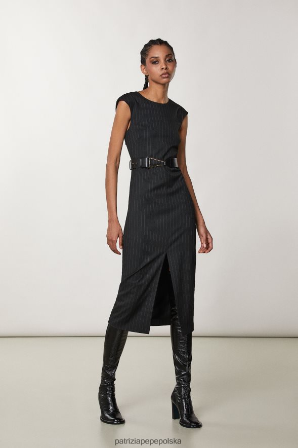 strój Patrizia Pepe czarne paski kobiety flanelowa sukienka midi 866488113