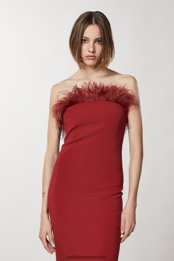 strój Patrizia Pepe marsjańska czerwień kobiety sukienka midi z piórami 86648884