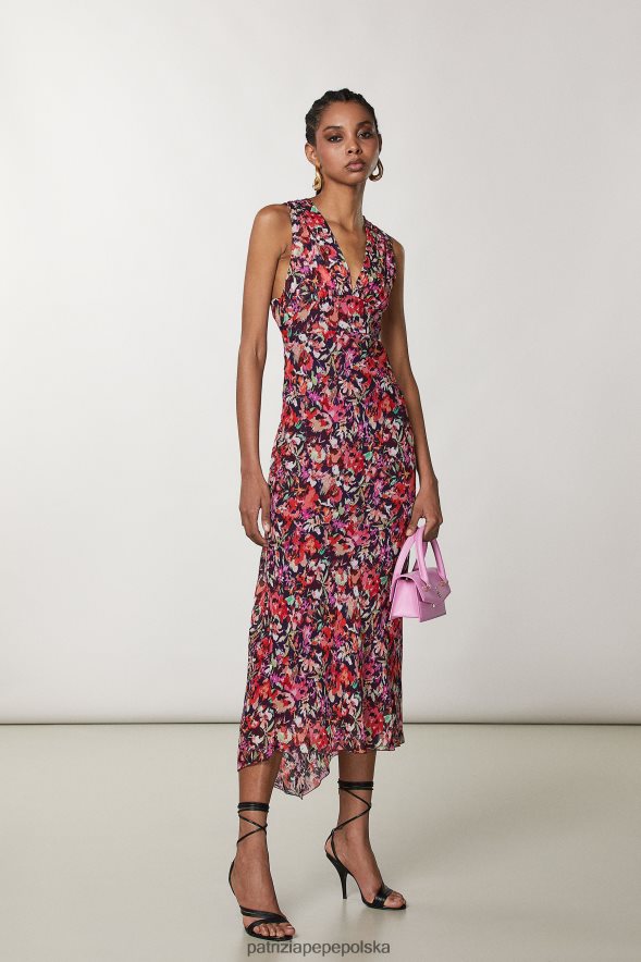 strój Patrizia Pepe marsjański czerwony kwiat kobiety sukienka midi z wiskozy 86648856