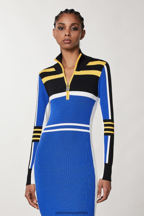 strój Patrizia Pepe motocyklista królewski błękit kobiety dzianinowa sukienka midi z wysokim dekoltem 866488445