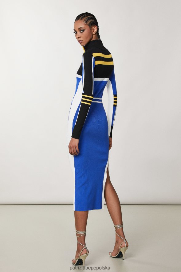 strój Patrizia Pepe motocyklista królewski błękit kobiety dzianinowa sukienka midi z wysokim dekoltem 866488445