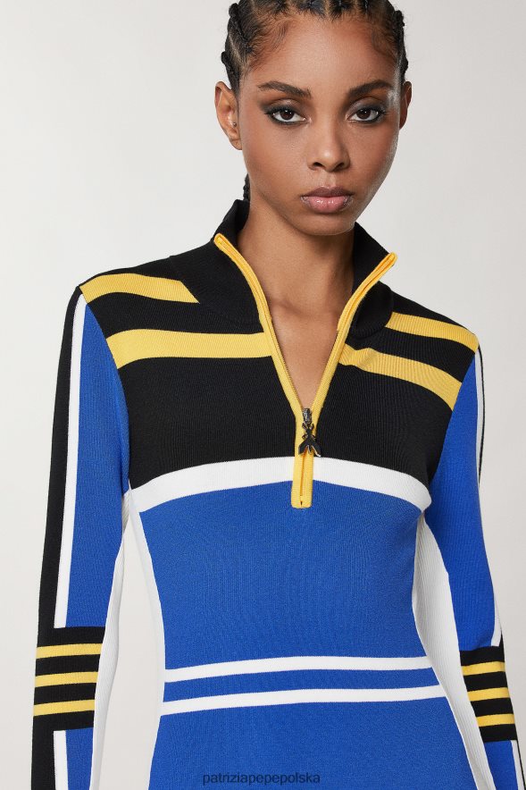 strój Patrizia Pepe motocyklista królewski błękit kobiety dzianinowa sukienka midi z wysokim dekoltem 866488445