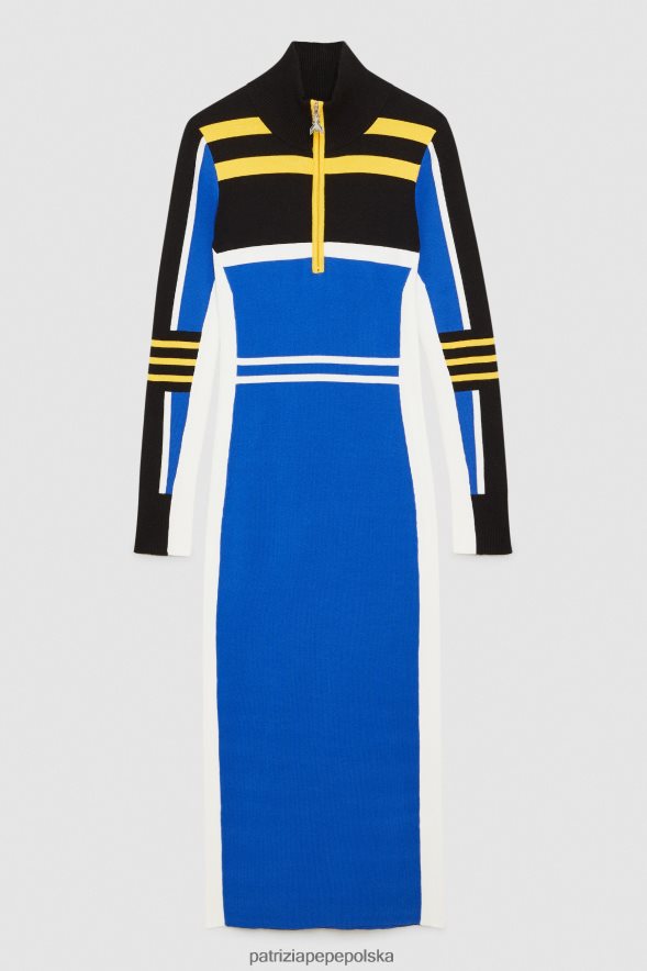 strój Patrizia Pepe motocyklista królewski błękit kobiety dzianinowa sukienka midi z wysokim dekoltem 866488445