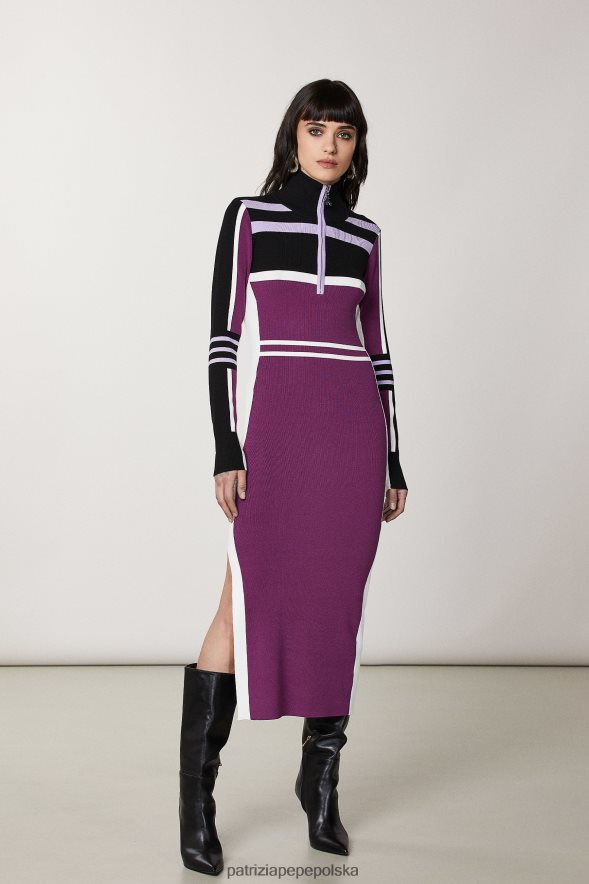 strój Patrizia Pepe rowerzysta fioletowy kobiety dzianinowa sukienka midi z wysokim dekoltem 866488452