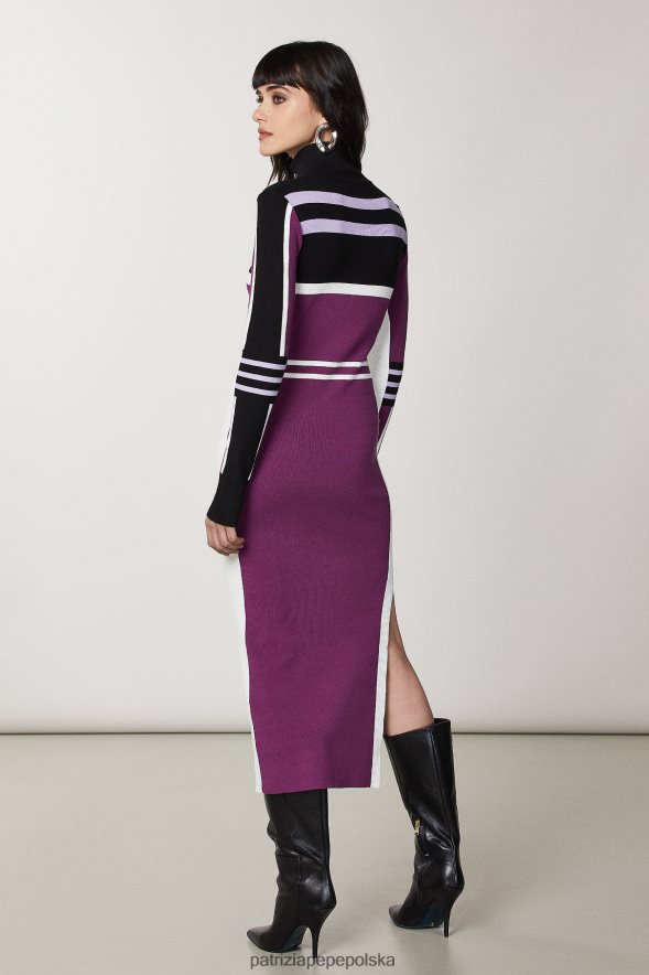 strój Patrizia Pepe rowerzysta fioletowy kobiety dzianinowa sukienka midi z wysokim dekoltem 866488452