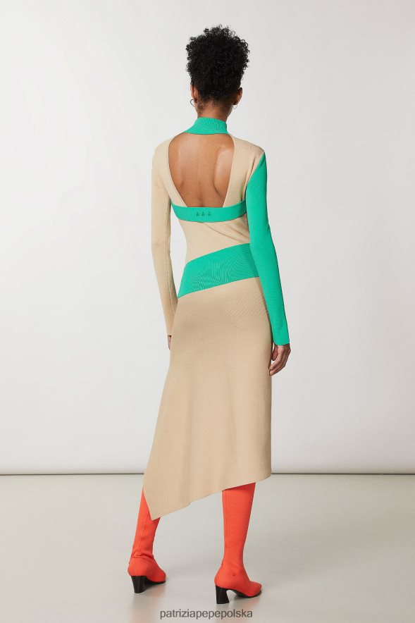 strój Patrizia Pepe rzemieślniczy beż i v.zieleń kobiety dwukolorowa asymetryczna sukienka 866488631
